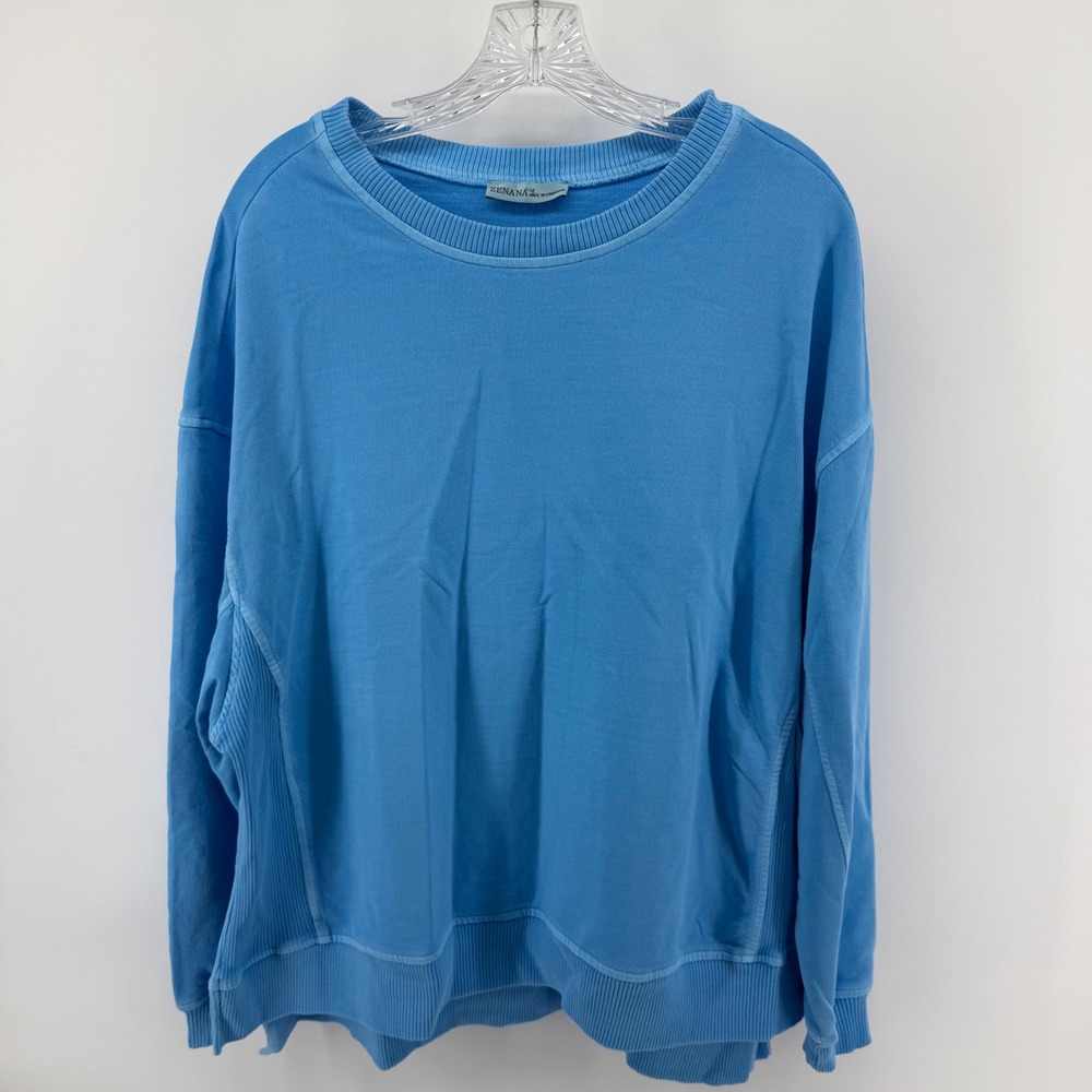 Zenana Womens Blue Oversized Ribbed Side Panel Sweatshirt TTW-5388 Medium‎